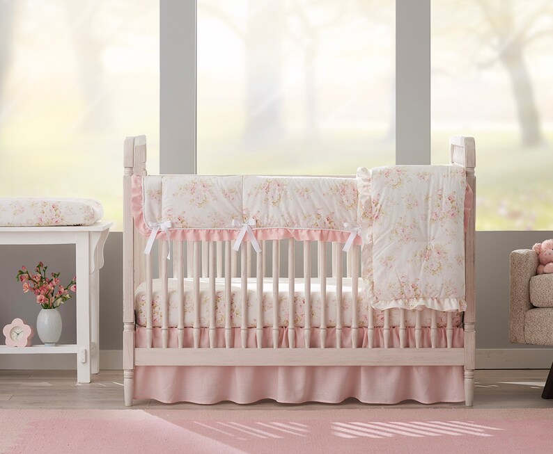 Pink Floral Shabby Chic Crib Bedding 4pc. Set Rail Cover Etsy
