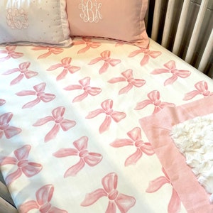 2-pc. Petal Pink Bows Bamboo Crib Sheet with Petal Pink Linen Skirt