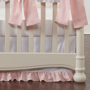 White Flat Panel Crib Skirt with Petal Pink Ruffle Trim | Baby Girl Nursery | Baby Girl Pink Crib Bedding | White and Pink Crib Bedding