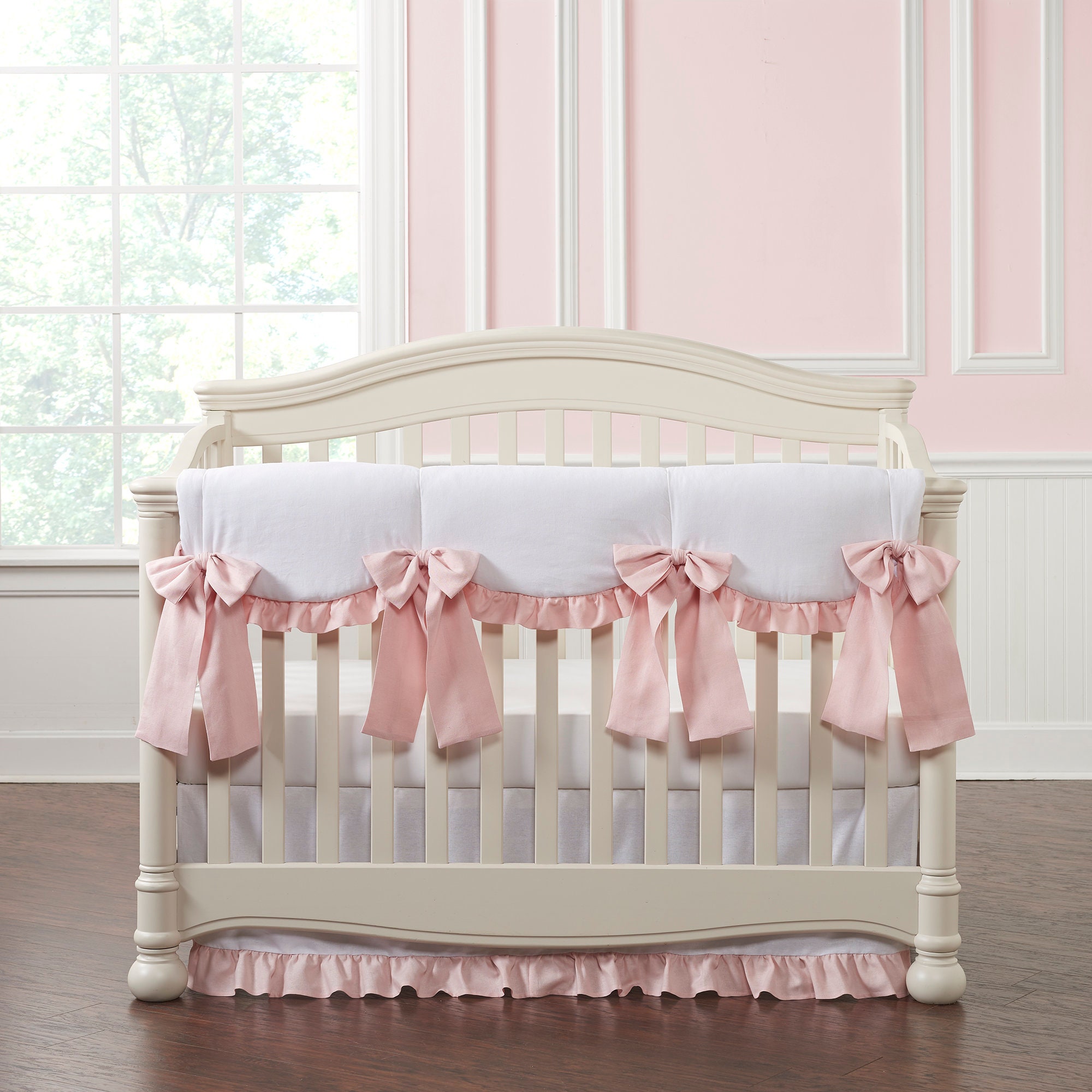 White and Pink Ruffled 8pc Crib Bedding Set with Pink Bows Etsy