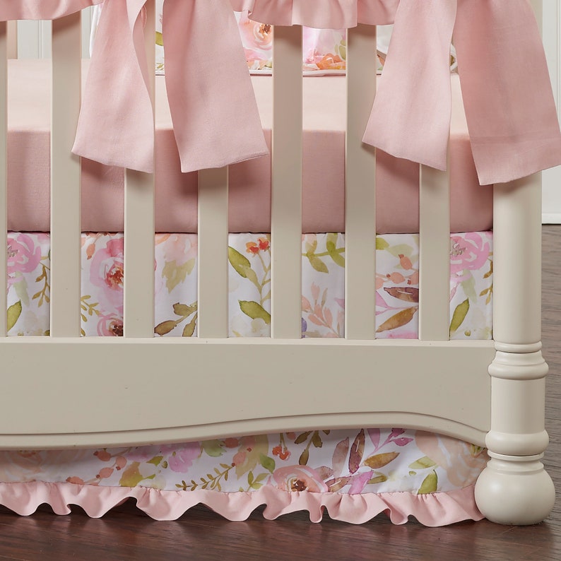 Blush Watercolor Crib Skirt With Petal Pink Ruffle Baby Girl Etsy