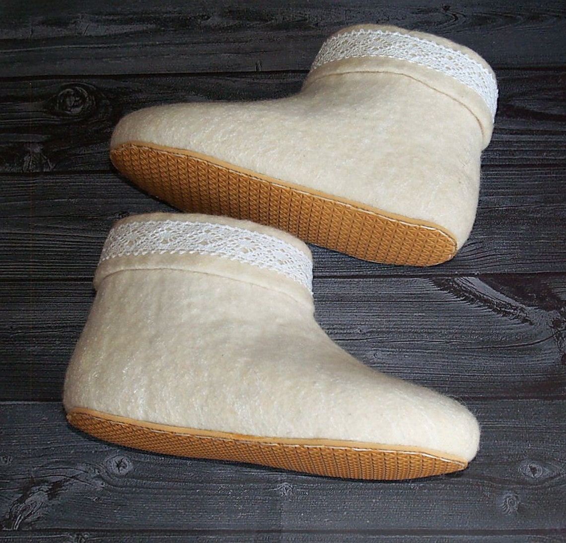 Felt White Womens Slippers. Organic Wool Warm House Boots. Natural