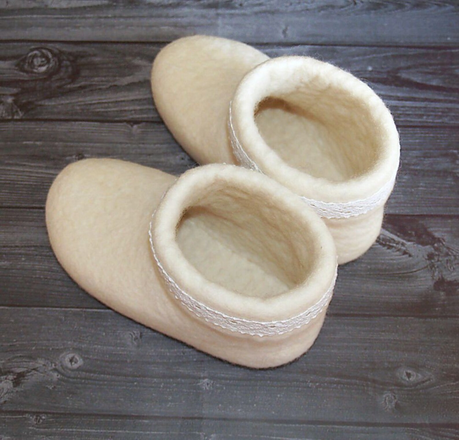 Felt White Womens Slippers. Organic Wool Warm House Boots. Natural