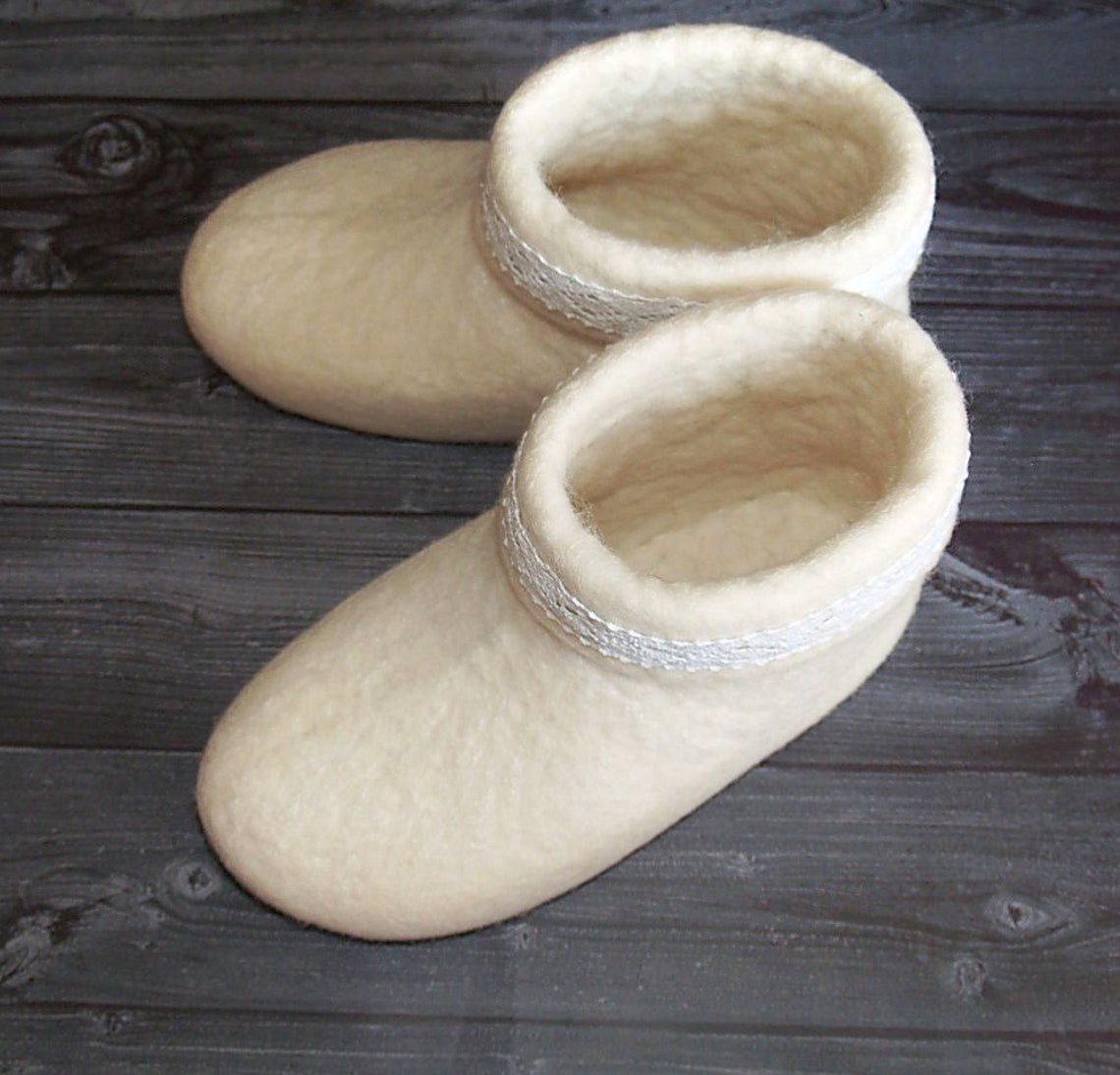 Felt White Womens Slippers. Organic Wool Warm House Boots. Natural