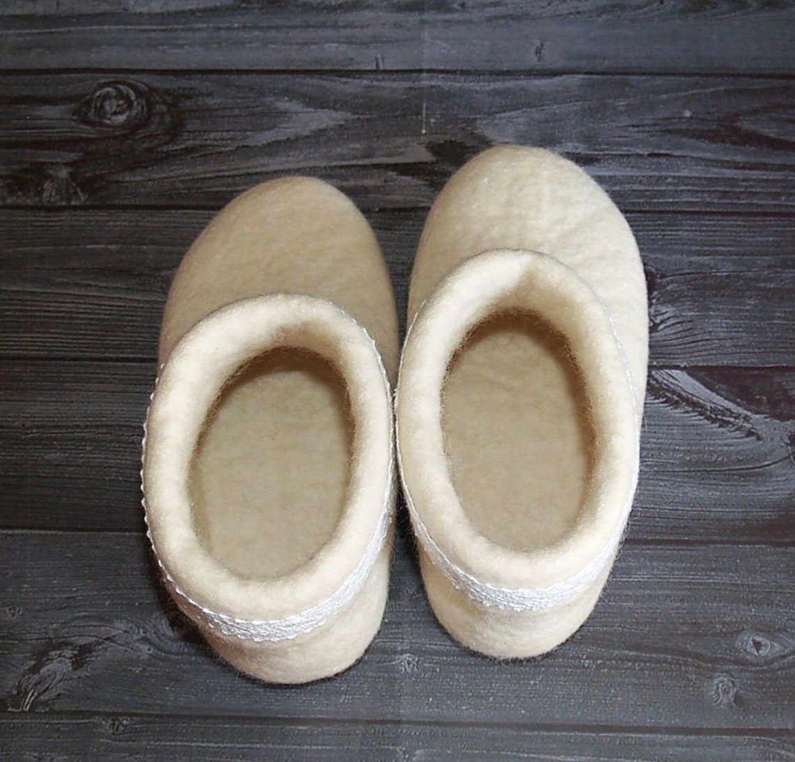 Felt White Womens Slippers. Organic Wool Warm House Boots. Natural