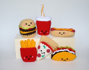 Fast Food Crochet Pattern - Fast Food Friends ebook - hamburger - french fries - soda pop - pizza - hot dog - taco crochet