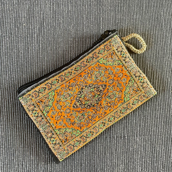 Orange Coin Purse  Boho Travel Card Bag  Turkish Rug/Carpet Patterned  Mini Ethnic Zip Pouches  Affordable Unique