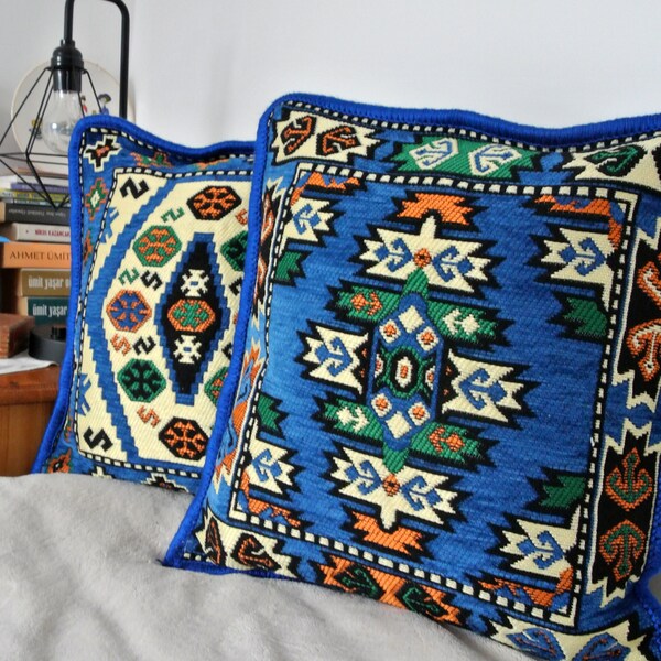 Anatolian Cushion Covers, Blue Kilim Pattern for Bohemian Decor, Ethnic Throw Pillow Case