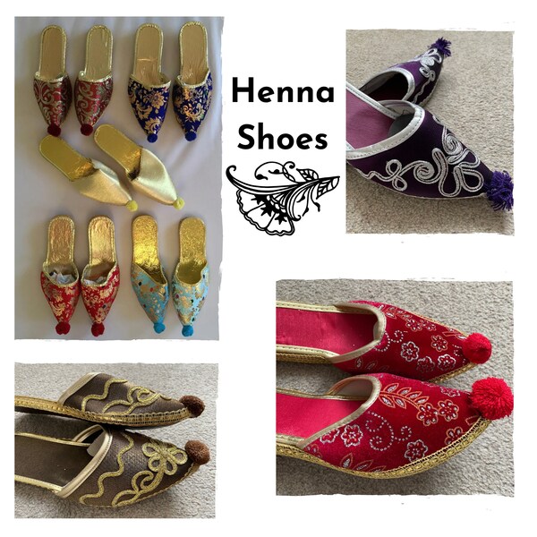 Colourful Babouche Henna Shoes with Pom Poms  Yemeni Style for Weddings  Costume Parties and Bachelorette Parties