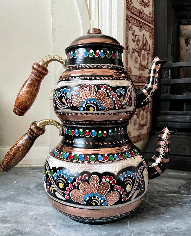Handmade Copper Teapot Wooden Handles 2 Pieces Turkish Etsy