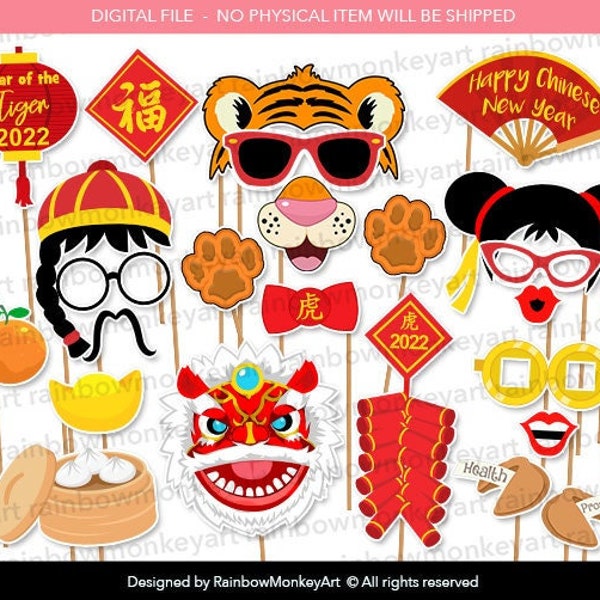 Chinese New Year Photo Booth Props - Year of the Tiger Photobooth Props - Chinese New Year 2022 Printable Props - Photo Booth Party Props