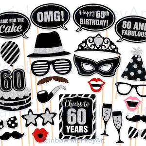 60th Birthday Photo Booth Props: Black & Silver Printable (Digital Download)