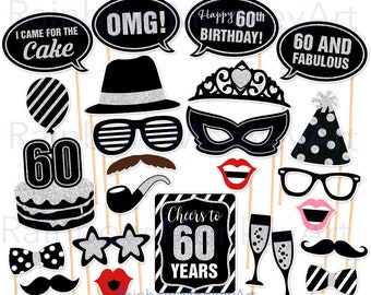 Printable Birthday Prop - Printable 60th Birthday Party Photo Booth Props - Black and Silver - Fabulous 60 Birthday Party Photobooth Props