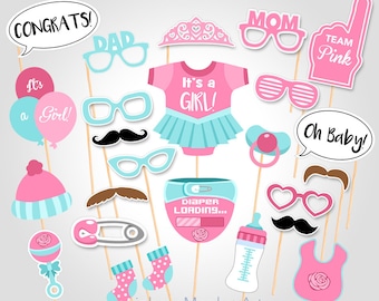 Pink Baby Shower Photo Booth Props: 25 Piece Set (Digital Download)
