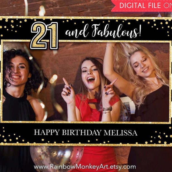 21st Birthday Party Printable Birthday Photo Booth Frame - Black Gold Glitter Photo Booth Frame - Gold Confetti Photo Prop Frame