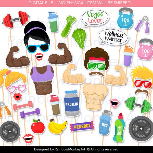 Printable Male and Female Bodybuilder Fitness Photo Booth Props - Fitness Party Props - Gym Work Out Printable Props - Body Build Props