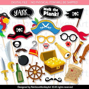 May include: A set of 16 printable pirate-themed photo booth props. The props include a parrot, a pirate hat, a treasure chest, a sword, a telescope, a bottle of rum, a steering wheel, a mustache, a pirate flag, a pirate eye patch, a hook, a bomb, a treasure map, and a speech bubble that says "Walk the Plank!"