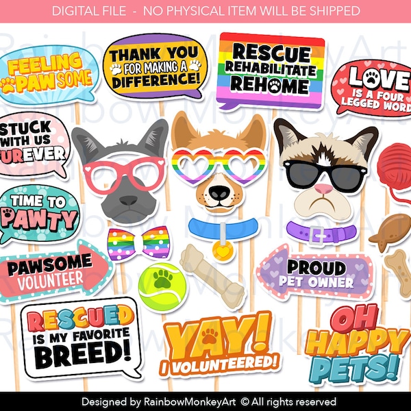 Printable Pet Welfare Volunteer Photo Booth Props - Cat Welfare Props - Pet Rescue Printable Props - Pet Shelter Party