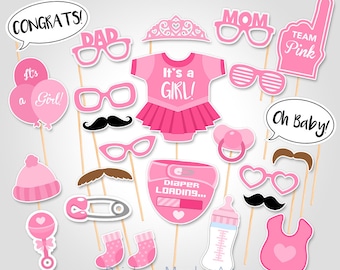 Accessori per photo booth rosa per baby shower: set da 25 pezzi (download digitale)