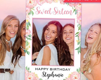 Sweet 16 Birthday Printable Sweet 16 Photo Booth Frame - Pink Peony Selfie Photo Booth Frame - Pink Floral Sweet Sixteen Photo Prop Frame