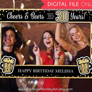 Cheers and Beers Printable Birthday Photo Booth Frame - Any Age - 30th Black Gold Glitter Photo Booth Frame - Gold Confetti Photo Prop Frame