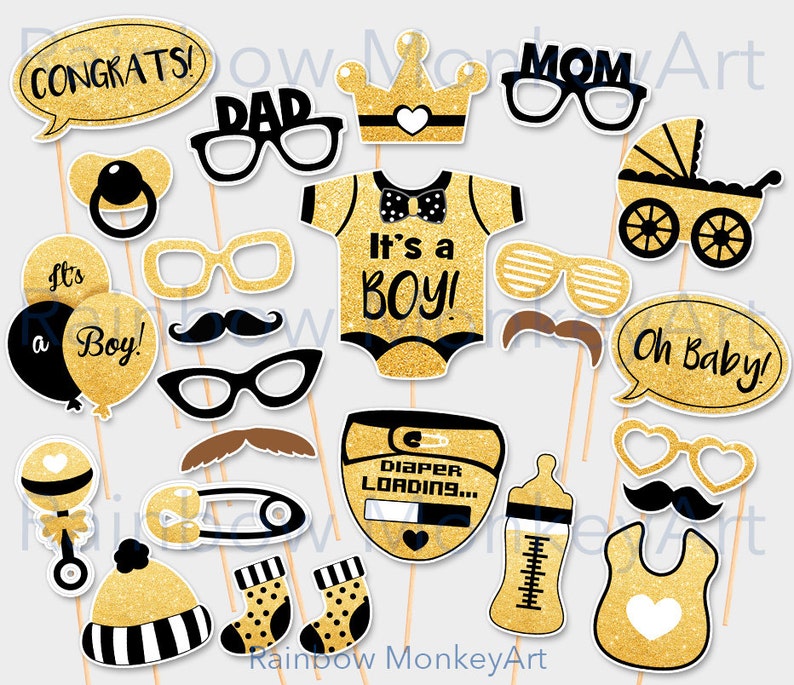 Printable Photobooth Props It/'s a Boy Baby PhotoBooth Props Baby Shower Black Gold Photo Booth Props Black Gold Printable Props