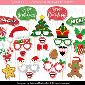 May include: A set of 15 printable Christmas photo booth props featuring various festive designs, including a Christmas tree, Santa hats, candy canes, a gingerbread man, and a snowman. The props include text such as "Happy Holidays", "Merry Christmas", "Naughty", "Nice", and "Ho Ho Ho!"