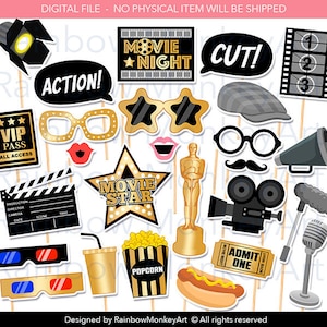 Printable Movie Night Photo Booth Props - Black and Gold Movie Photobooth Props - Hollywood Party Printable Props - Movie Awards Props