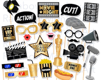 Printable Movie Night Photo Booth Props - Black and Gold Movie Photobooth Props - Hollywood Party Printable Props - Movie Awards Props