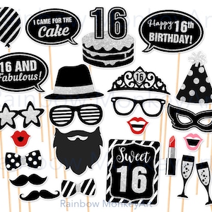 Accesorios para fotomatón de quinceañera: decoraciones negras y plateadas (descarga digital)