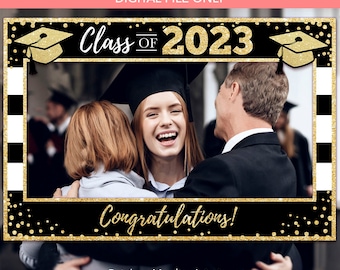 Printable 2023 Graduation Photo Booth Frame - Graduation Photo Prop - Black Gold Glitter Photo Booth Frame - Gold Confetti Photo Prop Frame