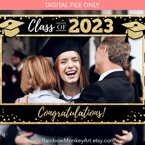 Printable 2023 Graduation Photo Booth Frame - Graduation Photo Prop - Black Gold Glitter Photo Booth Frame - Gold Confetti Photo Prop Frame