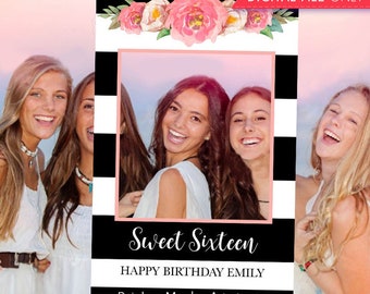 Sweet 16 Birthday Printable Sweet 16 Photo Booth Frame - Pink Peony Selfie Photo Booth Frame - Pink Floral Sweet Sixteen Photo Prop Frame