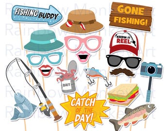 May include: A collection of fishing-themed photo booth props including a blue arrow sign reading FISHING BUDDY, a brown hat, a wooden sign reading GONE FISHING, a red and white cap reading KEEPIN IT REEL, glasses, a mustache, a fish, and a sandwich.