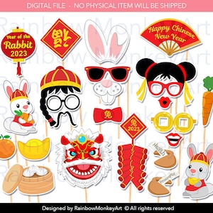 Printable 2023 Chinese New Year Photo Booth Props - Year of the Rabbit Photobooth Props - Chinese New Year 2023 Props - CNY Party Props
