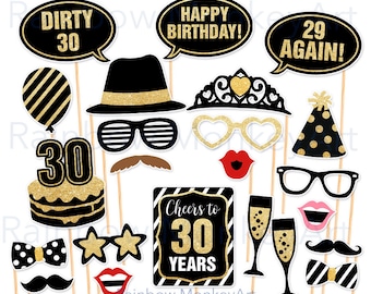 30th Birthday Photo Booth Props: Black and Gold Party (Digital Download)