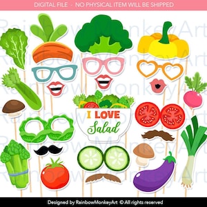 May include: A collection of vegetable-themed photo booth props on sticks, including lettuce, broccoli, carrots, tomatoes, mushrooms, eggplants, and leeks. The set features glasses shaped like vegetables, mustaches, lips, and a bowl with the text I LOVE SALAD.