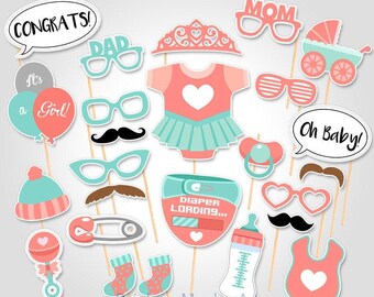 Peach Teal Baby Shower Photo Props | Girl Party Decor (Digital File)