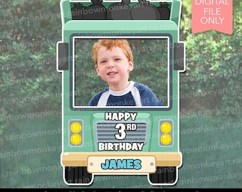 May include: A light green garbage truck photo frame featuring a cutout for a portrait. The truck design includes black trash bags on top, yellow headlights, and text that reads HAPPY 3RD BIRTHDAY and JAMES. A pink tag states DIGITAL FILE ONLY.