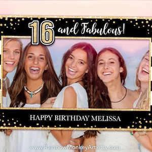 Sweet 16 Birthday Party Printable Sweet 16 Photo Booth Frame Black Gold Selfie Photo Booth Frame Gold Glitter Photo Prop Frame image 2