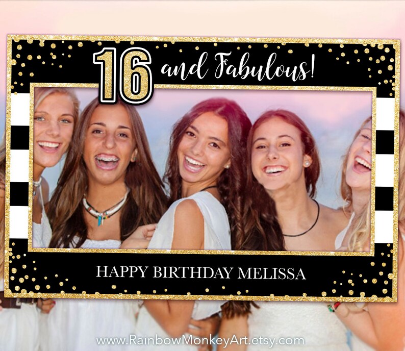 Sweet 16 Birthday Party Printable Sweet 16 Photo Booth Frame Black Gold Selfie Photo Booth Frame Gold Glitter Photo Prop Frame image 2