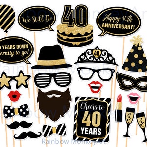 40th Anniversary Party Photo Booth Props: Gold Decorations (Digital Download)