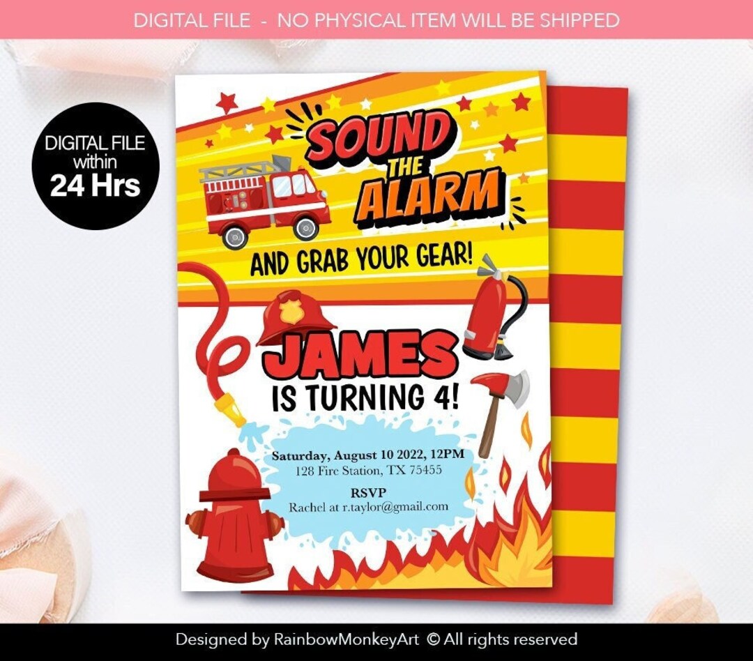 Printable Fire Truck Birthday Party Invitation • Personalised Fire ...