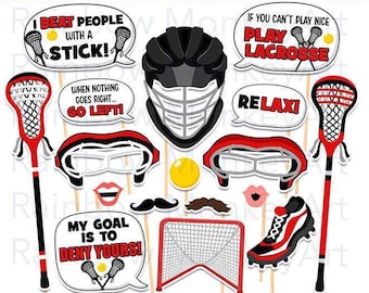 May include: A collection of lacrosse-themed photo booth props including a black helmet, two red and black lacrosse sticks, a goal net, a sneaker, mustaches, lips, and speech bubbles with text like I BEAT PEOPLE WITH A STICK and PLAY LACROSSE.