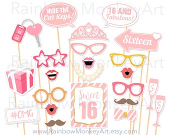 Printable Birthday Prop - Sweet 16 Birthday Party Printable Sweet 16 Photo Booth Props - Pink and Gold Prop - Sweet Sixteen Photobooth Props