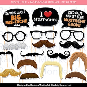 Printable Mustache Photo Props - Mustache Party Photo Booth Props - Mustache Clipart - Mustache Puns - Mustache Decor - Mustache Art
