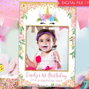 Unicorn 1st Birthday Photo Booth Frame: Printable Selfie Prop (Digital Download)