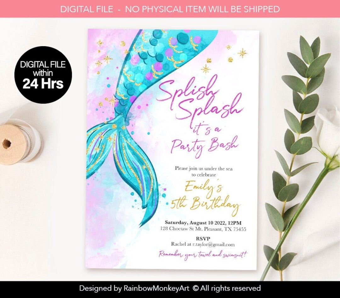 Printable Mermaid Birthday Party Invitation • Personalised Mermaid ...