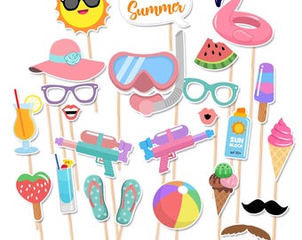 Pastel Summer Photo Booth Props, Tropical Beach Theme (Printable Cut Outs)