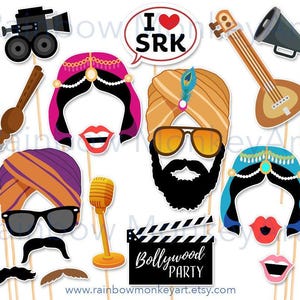 Peut inclure: Un ensemble d'accessoires de photomaton sur bâtonnets sur le thème de Bollywood, comprenant une caméra noire, une bulle avec le texte I LOVE SRK, un sitar, un mégaphone, un micro, un clap noir avec le texte Bollywood Party, des turbans et des lèvres.